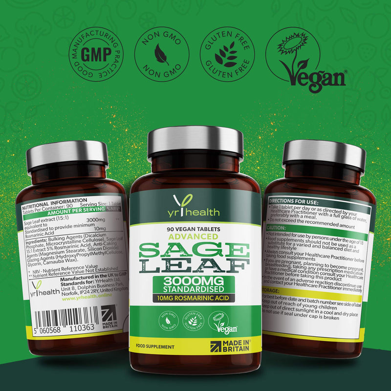 [Australia] - Sage Tablets 3000mg High Strength for Hot Flushes, Night Sweats and Menopause Symptoms - 90 Vegan Tablets not Capsules - Standardised 10mg Rosmarinic Acid - Made in The UK by YrHealth 