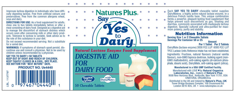 [Australia] - NaturesPlus Say Yes to Dairy - 50 Chewable Tablets - Natural Lactase Enzyme Supplement, Maximum Strength Digestive Aid, Lactose Intolerance Relief - Gluten-Free - 50 Servings 