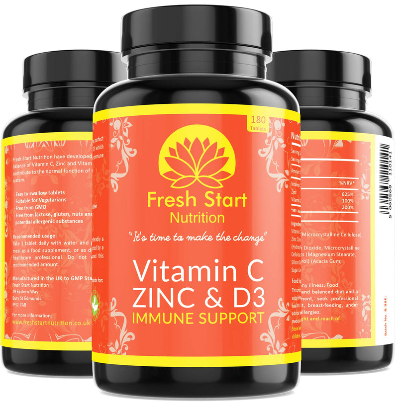 [Australia] - Vitamin C Zinc and Vitamin D Tablets - 180 Vegetarian Tablets for Men and Women - for Maintenance of Normal Immune System - 6 Month Supply - Made in The UK by Fresh Start Nutrition 