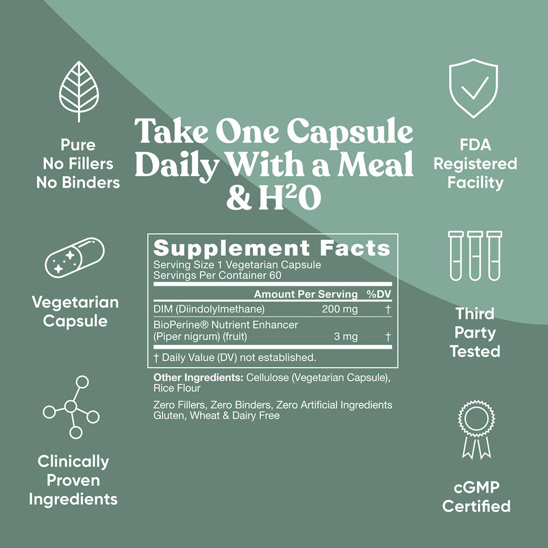 [Australia] - DIM Supplement Pure 200 Mg – Energy Fatigue & Stress Relief, Estrogen Balance, Menopause & Hot Flashes, Hormonal Support for Women – Enhanced Bioavailability BioPerine – 60 Vegetarian Soft Capsules 