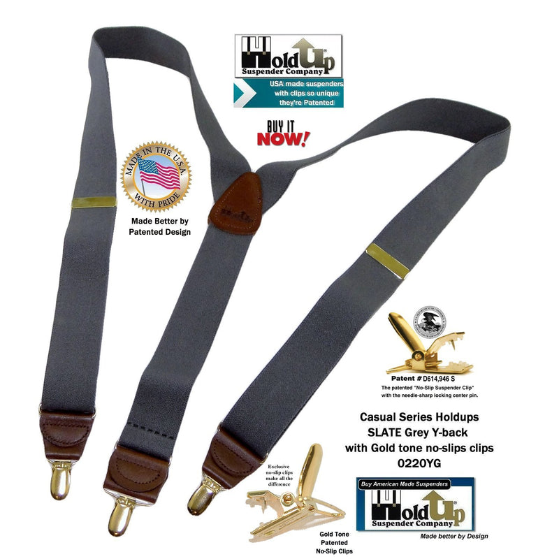 [Australia] - Holdup Suspender Company Slate Grey Men's Y-back Clip-on Suspenders in 1 1/2" width featuring Patented No-slip Gold-Tone Clips 