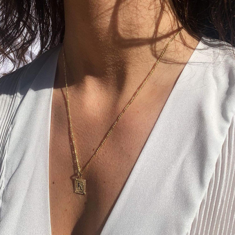 [Australia] - KissYan Initial Letter Pendant Necklace for Mens Womens, 18K Gold Plated Square Capital Monogram Necklace Alhpabets from A-Z Box Figaro Chain Necklace Hollow A hollow out 