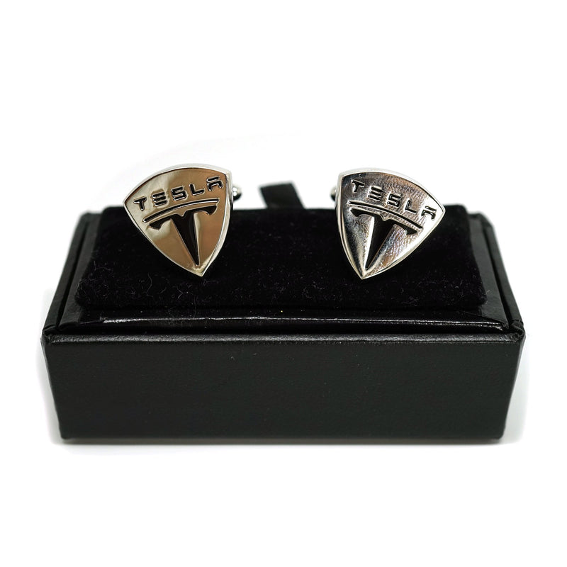 [Australia] - Teri's Boutique Tesla Logo Car Brand Silver Tone Black Point Men's Jewelry Cufflinks w/Gift Box 