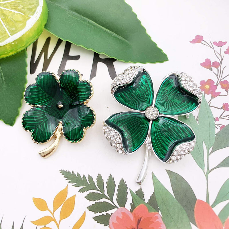 [Australia] - XGALBLA St. Patrick's Day Good Luck Charm Green Four Leaf Shamrock Clover Pin Brooch for Women Girls Green 2 Pcs 