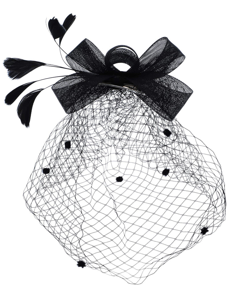 [Australia] - Bowknot Fascinator Hat Feathers Veil Mesh Headband and Short Lace Gloves Floral Lace Gloves Black 