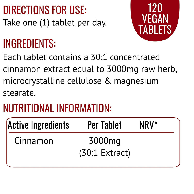 [Australia] - Cinnamon 3000mg Tablets - 120 Pack - for Blood Sugar Control & Weight Control Support Metabolism - Suitable for Vegetarians & Vegans - Made in The UK 