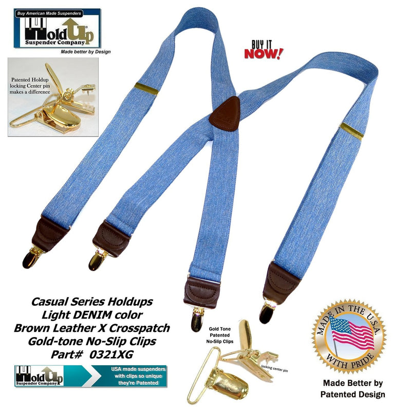 [Australia] - HoldUp Suspender company Light Blue Denim 1 1/2" X-back Suspenders with Patented No-slip Gold-tone Clips 