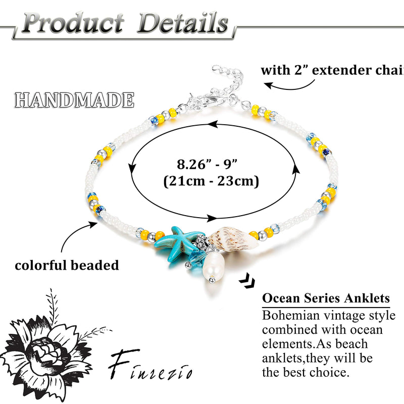 [Australia] - Finrezio 12PCS Anklets for Women Girls Blue Starfish Turtle Elephant Charm Ankle Bracelets Multilayer Gold Silver Plated Foot Jewelry Handmade 