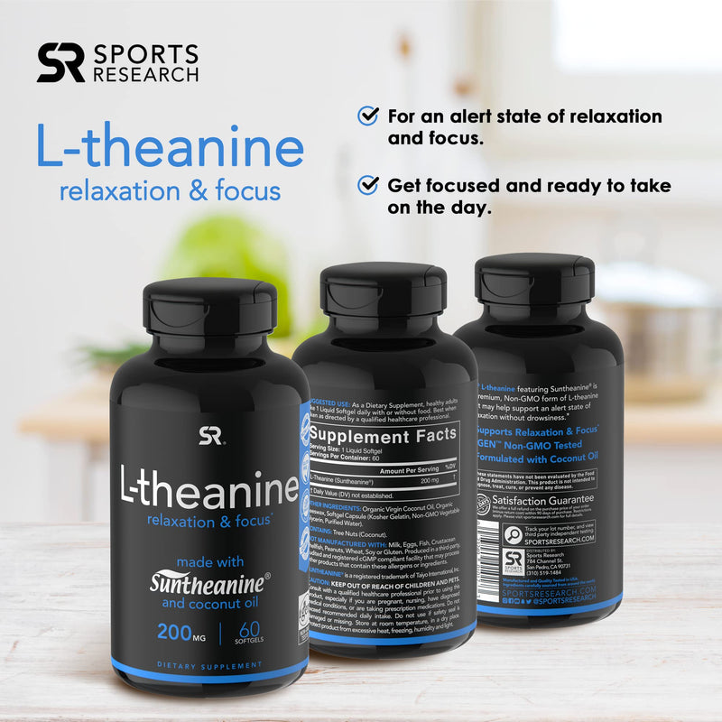 [Australia] - Sports Research Double Strength ‘Suntheanine’ L-Theanine with Organic Coconut Oil - Promotes Alertness & Relaxation without Drowsiness - 200mg L Theanine Supplement - 60 Softgel Capsules for Adults 