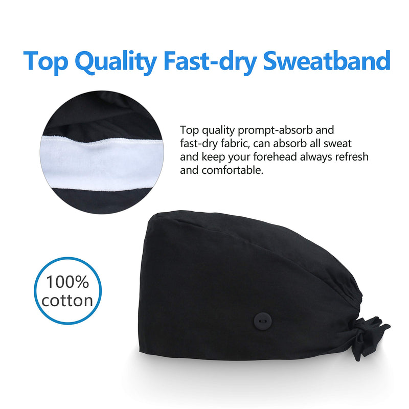 [Australia] - QBA Adjustable Working Cap with Button, Cotton Working Hat Sweatband, Elastic Bandage Tie Back Hats for Women & Men, One Size Black 