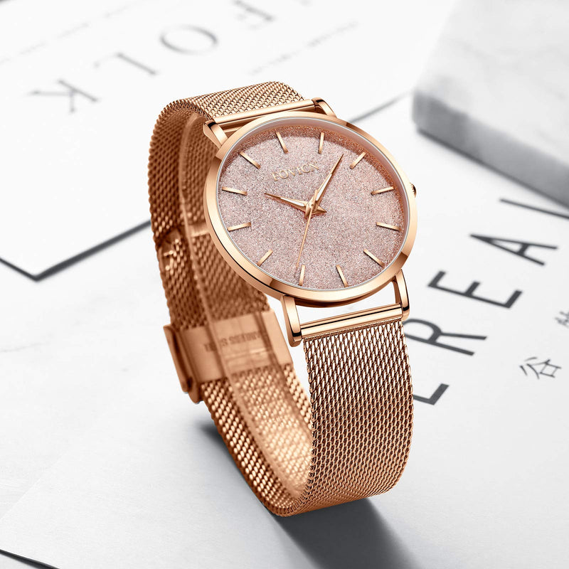 [Australia] - SUNWH Womens Watches Ultra Thin Minimalist Waterproof -Fashion Quartz Wrist Watch for Women Girls with Ladies Dress Stainless Steel Mesh Band Dial Rose gold 