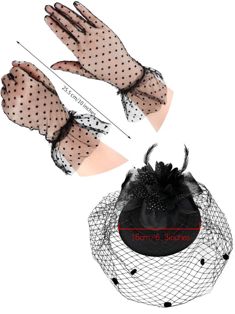 [Australia] - Feather Veil Mesh Hat Short Lace Glove 50s Costume Accessories for Women Wedding Classic Style 