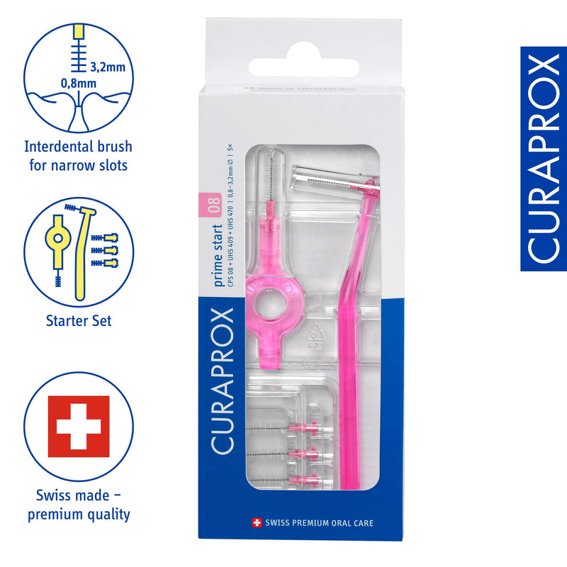 [Australia] - Curaprox CPS 08 Prime Start Interdental Brush Kit, Pink - 5 x 0.8mm - 3.22mm Interdental Brushes + 2 Interdental Toothbrush Holders 
