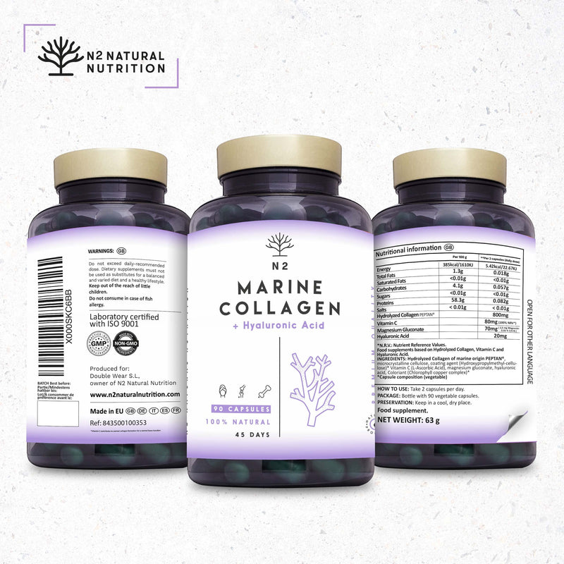 [Australia] - Marine Collagen with Hyaluronic Acid for Skin Care, Hair Care, Joints. Magnesium, Vitamin C. Hydrolysed Collagen Supplements. Anti Aging. Best Collagen PEPTAN. 90 Veggie Caps. EU. N2 Natural Nutrition 