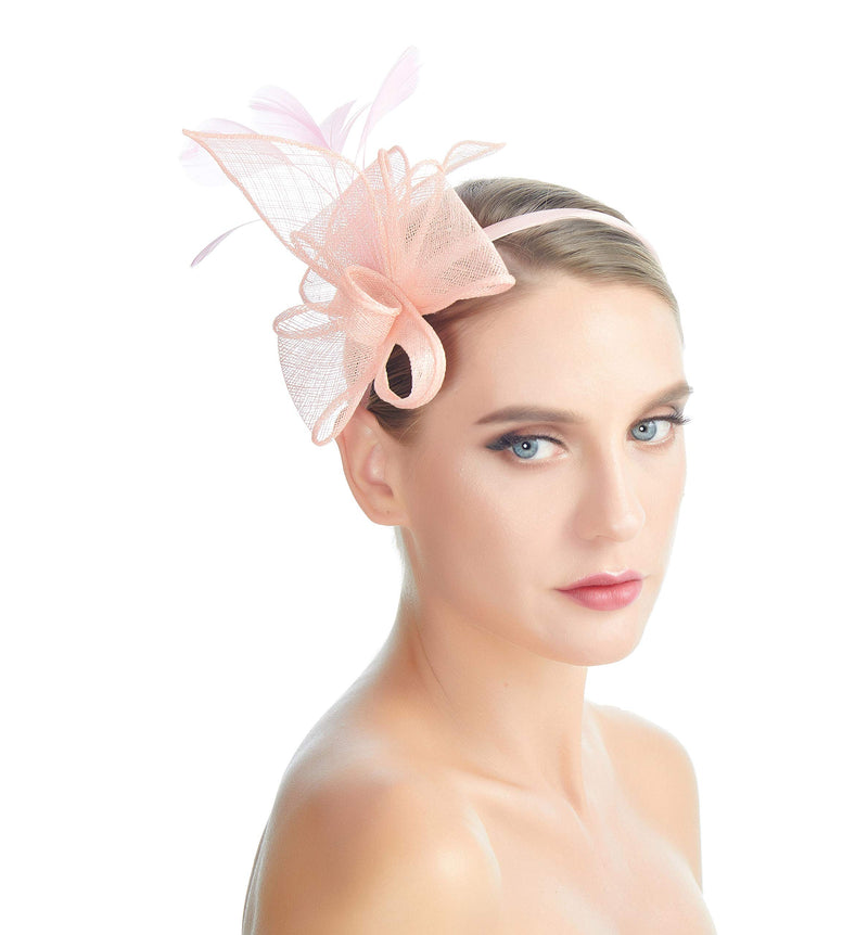 [Australia] - SACASUSA Feather Fascinator Cocktail Hat Linen Net Mesh Bow Formal Headband Pink 