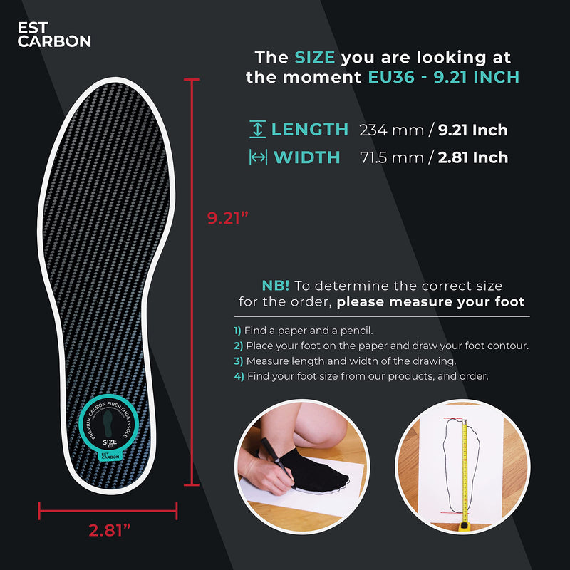 [Australia] - Narrow Carbon Fiber Insole, 1Piece, Shoe Insert, Rigid - Strong Ortho - Shoe Stiffener Insert Best for Foot Arthritis, Turf Toe, Hallux Limitus, Hallux Rigidus, Mortons Toe - EU36 234mm 9.21 Inch, Women's Size 8, Men's 7 