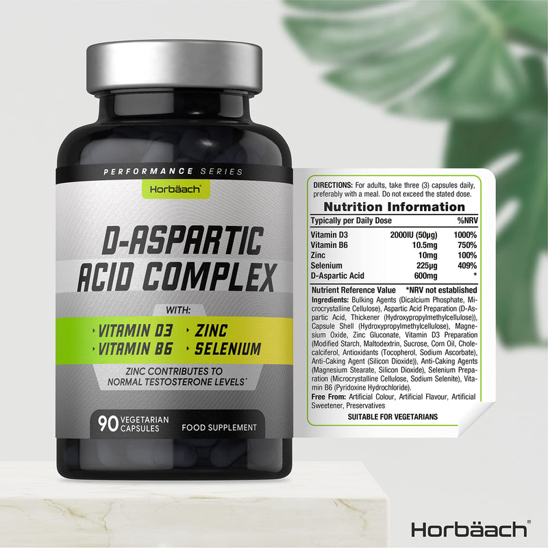 [Australia] - D-Aspartic Acid Capsules | 90 Count | Athletic Performance & Testosterone Level Supplement | Suitable for Vegetarians | by Horbaach 
