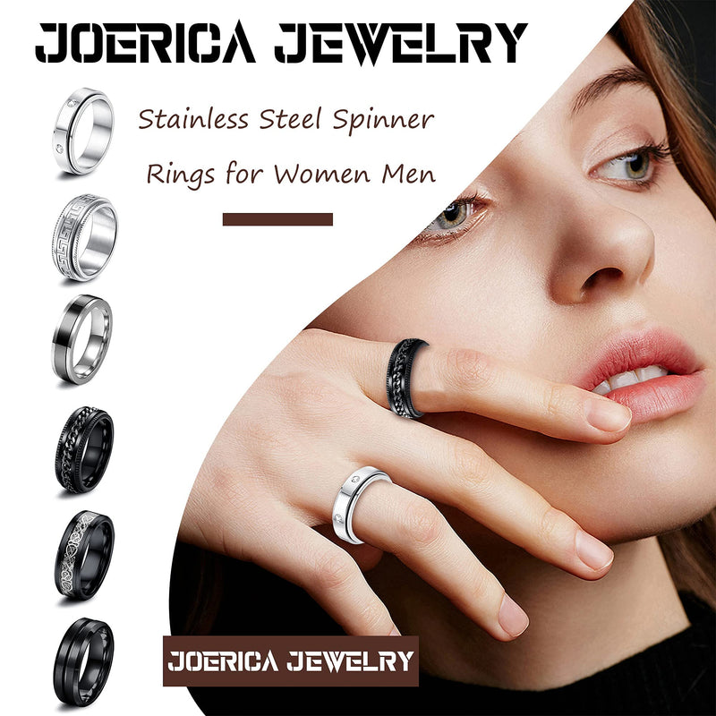 [Australia] - JOERICA 6Pcs Black Stainless Steel Fidget Spinner Rings for Men Women Cool Relieving Anxiety Peace Rings for Worry Wedding Promise Band Rings Set Size 7-13 