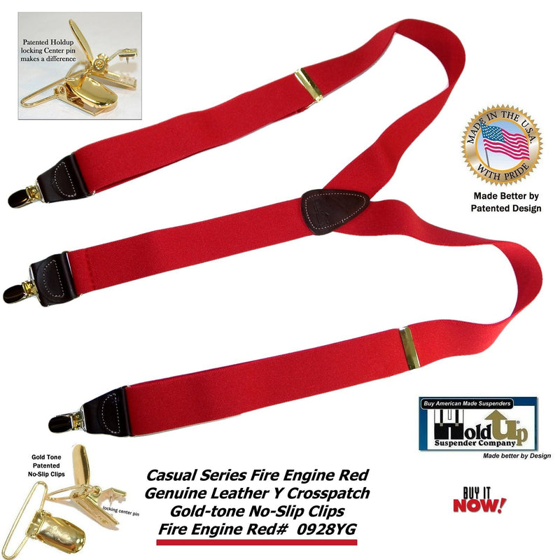 [Australia] - Holdup Y-back Fire Engine bright Red Casual Series Suspenders with Patented Gold-tone No-slip Clips 