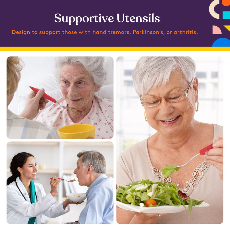 [Australia] - Special Supplies Adaptive Utensils (5-Piece Kitchen Set) Wide, Non-Weighted, Non-Slip Handles for Hand Tremors, Arthritis, Parkinson’s or Elderly Use - Stainless Steel Knives, Fork, Spoons - Red 