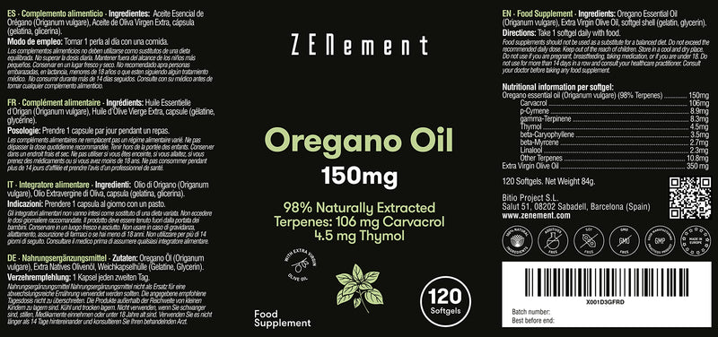 [Australia] - Zenement | Oregano Oil, 150mg, 120 Softgels | with Spanish Extra Virgin Olive Oil | 106mg of Carvacrol and 4.5mg of Thymol per Capsule | 100% Natural Ingredients. No Additives, Soy Free 