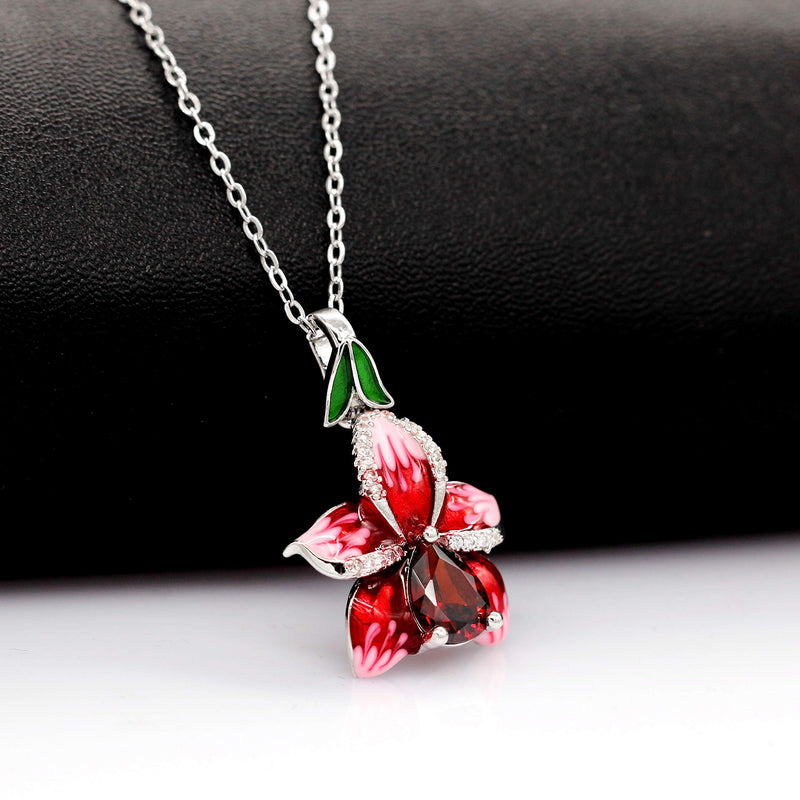 [Australia] - Uloveido Unique Beautiful Big Red Rose Flower Enamel Pendant Teardrop Cubic Zirconia Stone Necklace for Women Y563 