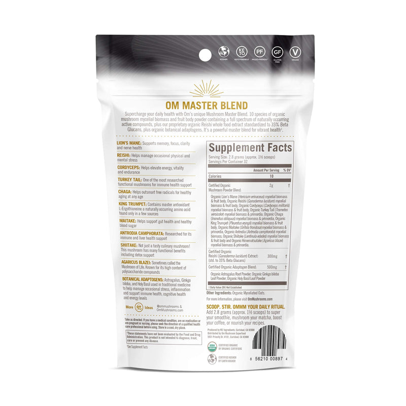 [Australia] - Om Mushroom Superfood Master Blend Mushroom Powder Suppplement, 3.17 Ounce, 34 Servings, 10 Mushroom Complex, Lions Mane, Chaga, Cordyceps, Reishi Extract Adaptogens for Vibrant Health, Immune Support Master Blend Powder 3.17 Ounce (Pack of 1) 