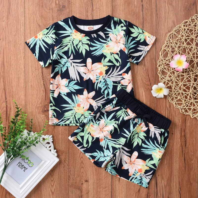 [Australia] - Toddler Little Boys Girls Summer Outfits Hawaiian Floral T-Shirt Shorts Set Beach Clothes Black 2T 