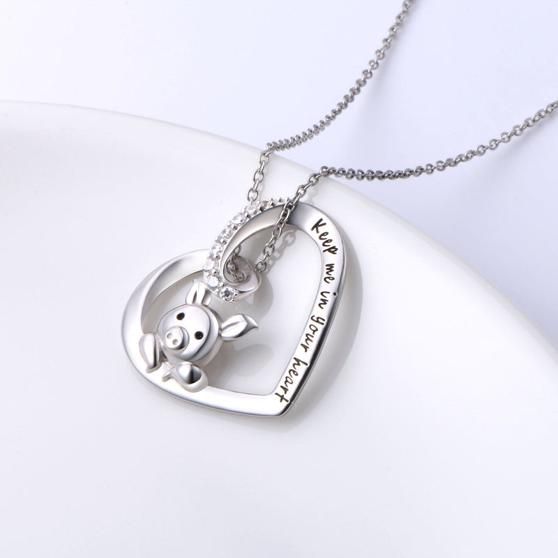 [Australia] - 925 Sterling Silver Cute Pig Pendant Necklace Earrings Ring Bracelet for Women Girls Jewelry Birthday Christmas Gift 1_Keep me in your heart Pig Necklace 
