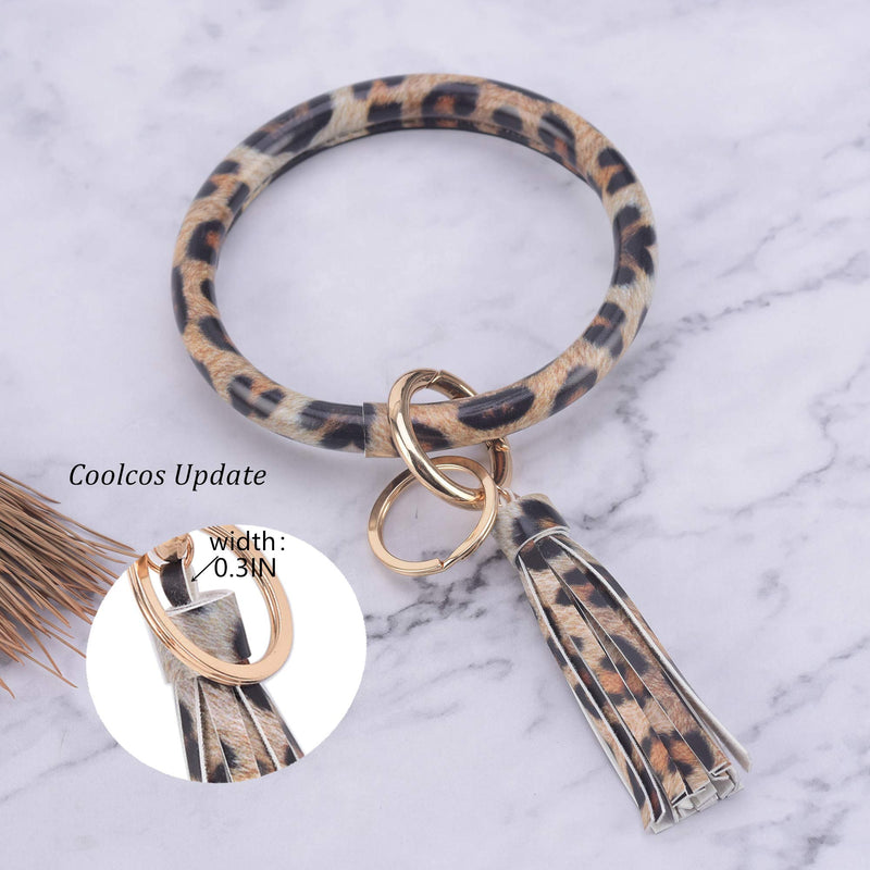 [Australia] - Coolcos Key Ring Bracelet Wristlet Keychain Bangle Keyring - Portable Leather Tassel Bracelet Keys Holder Women Gift A Leopard Cheetah 