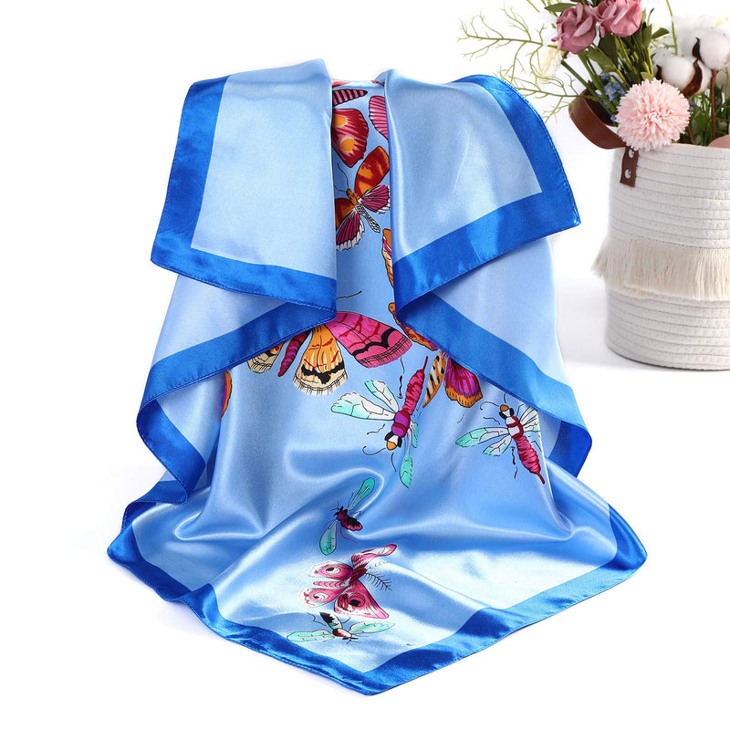 [Australia] - 35” Satin Large Square Head Scarves - 4PCS Silk Like Neck Scarf Hair Sleeping Wraps Lightweight Satin Silk Scarfs for Women Buttfly Patterns(blue/Coffee/Beige/Rose Red) 