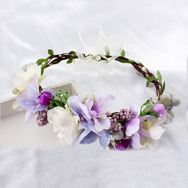 [Australia] - Floral Wreath Headband Bride Flower Crown Hair Wreath Hair Garland Flower Halo Floral Headpiece Boho with Ribbon Wedding Party Festival Purple, One Size 1 