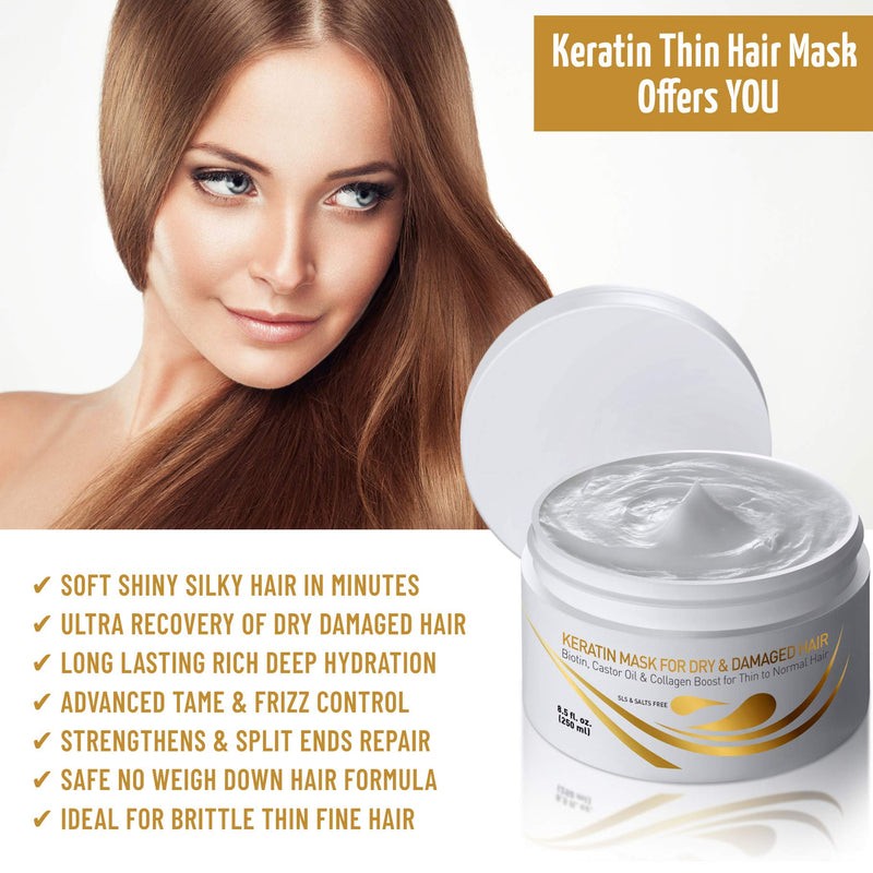 [Australia] - Vitamins Keratin Hair Mask Deep Conditioner - Biotin Protein with Castor Oil Repair for Dry Damaged and Color Treated Hair - Conditioning Treatment for Curly or Straight Thin Fine Hair 8.45 Fl Oz (Pack of 1) 