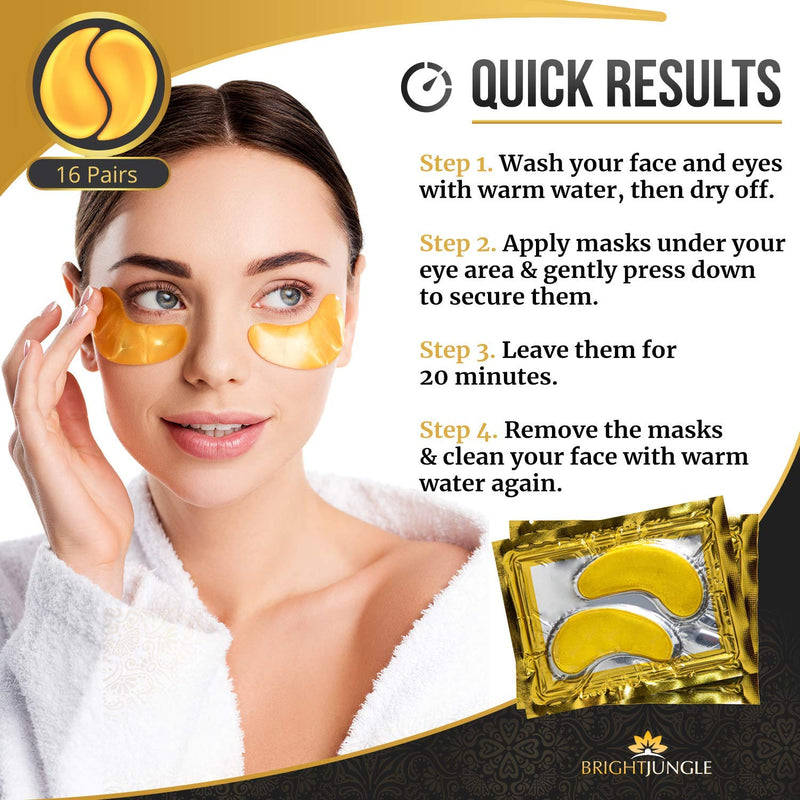 [Australia] - BrightJungle Under Eye Collagen Patch, 24K Gold Anti-Aging Mask, Pads for Puffy Eyes & Bags, Dark Circles and Wrinkles, with Hydrogel, Deep Moisturizing Improves elasticity, 16 Pairs 