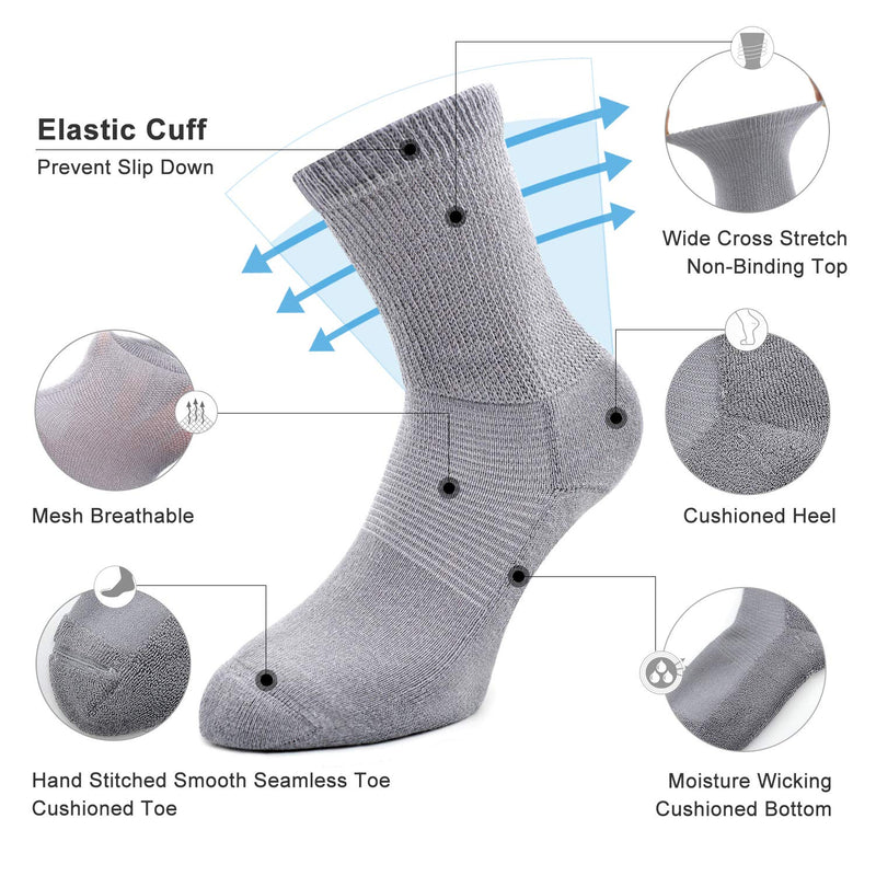 [Australia] - Busy Socks 4 Pack Non-binding Diabetic Socks for Men Women, Loose Top Crew Cotton Thick Cushion Socks 4 Pairs Light Gray Medium-Large 