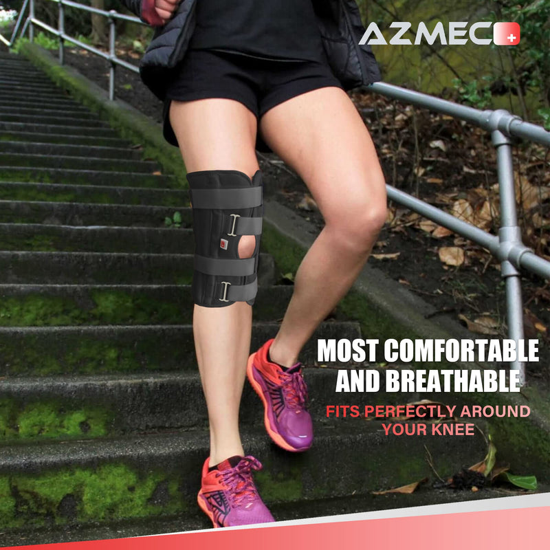 [Australia] - AZMEC Leg Brace Tri-Panel Orthopedic Knee Immobilizer 12" Long Adjustable Knee Splint – Lightweight Universal Leg Brace for Women and Men - Black 