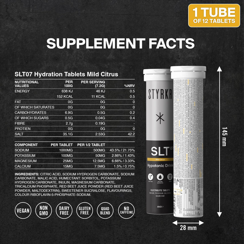 [Australia] - Electrolytes Tablets by Styrkr - Pack of 12 Hydration Tablets - 4X Higher Salts - Approved by Endurance Athletes - Advanced Quad-Blend Formulation - SLT07 12x per Tube 1 Pack 