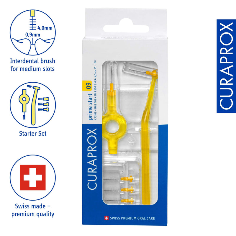 [Australia] - Curaprox CPS 09 Prime Start Interdental Brush Kit, Yellow - 5 x 0,9mm - 4,0mm Interdental Brushes + 2 Interdental Toothbrush Holders 