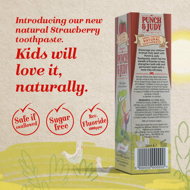[Australia] - Punch & Judy - Natural Toothpaste for Kids, Flavoured Toothpaste for Children, Fluoride 1000 ppm, Sugar Free (Natural Strawberry (2 x 50ml) 50 ml (Pack of 2) 