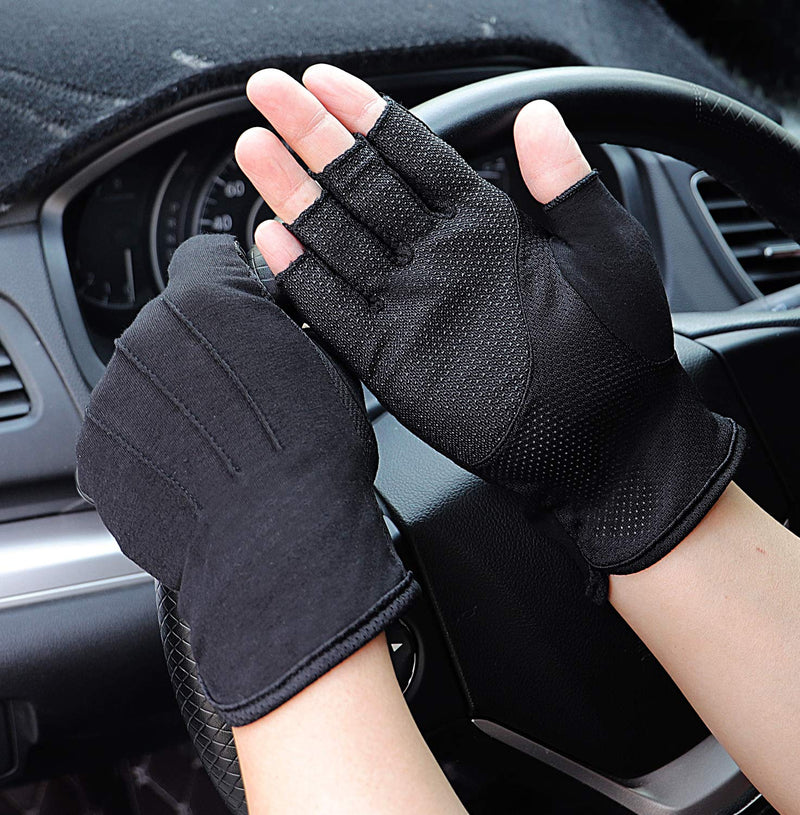 [Australia] - Bienvenu Mens Summer UV Protection Half Finger Outdoor Hiking Driving Cycling Riding Cotton Breathable Sunblock Gloves Black 
