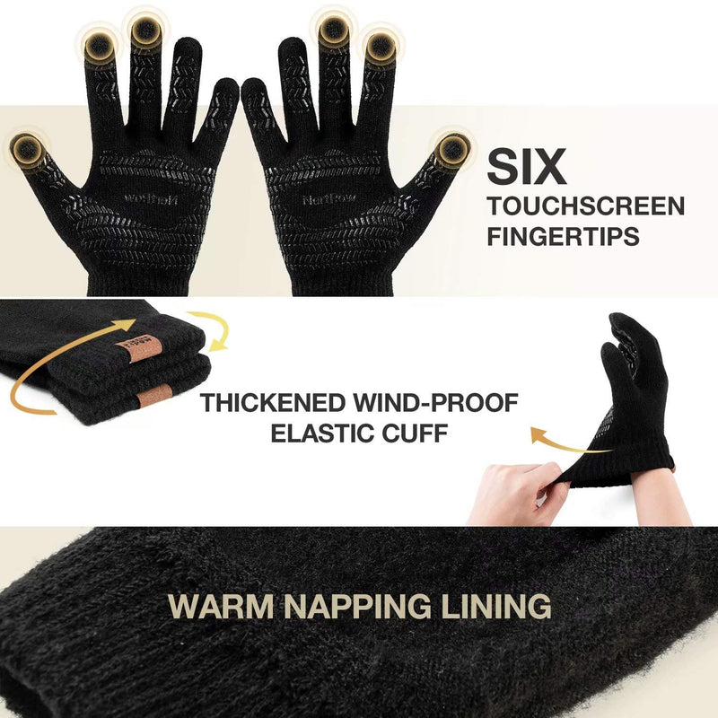 [Australia] - Winter Knit Gloves For Men And Women, Touch Screen Texting Soft Warm Thermal Fleece Lining Gloves With Anti-Slip Silicone Gel Black Medium 