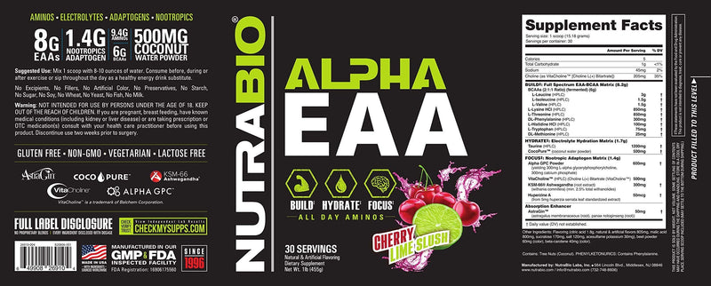 [Australia] - NutraBio Alpha EAA - All-Day Aminos - Recovery, Energy, Focus, and Hydration Supplement - Full Spectrum EAA BCAA Matrix, Electrolytes, Nootropics, Coconut Water - 30 Servings - Cherry Limeade 