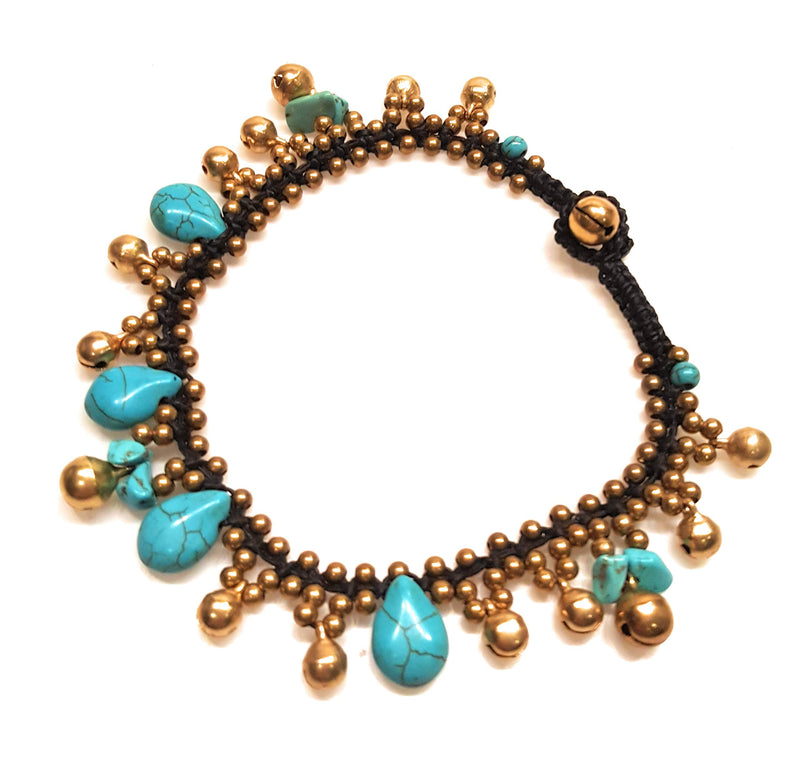 [Australia] - Infinityee888 Turquoise Anklet Drop Handmade Brass Bead Bell Ankle Bracelet for Women KAN-T01 