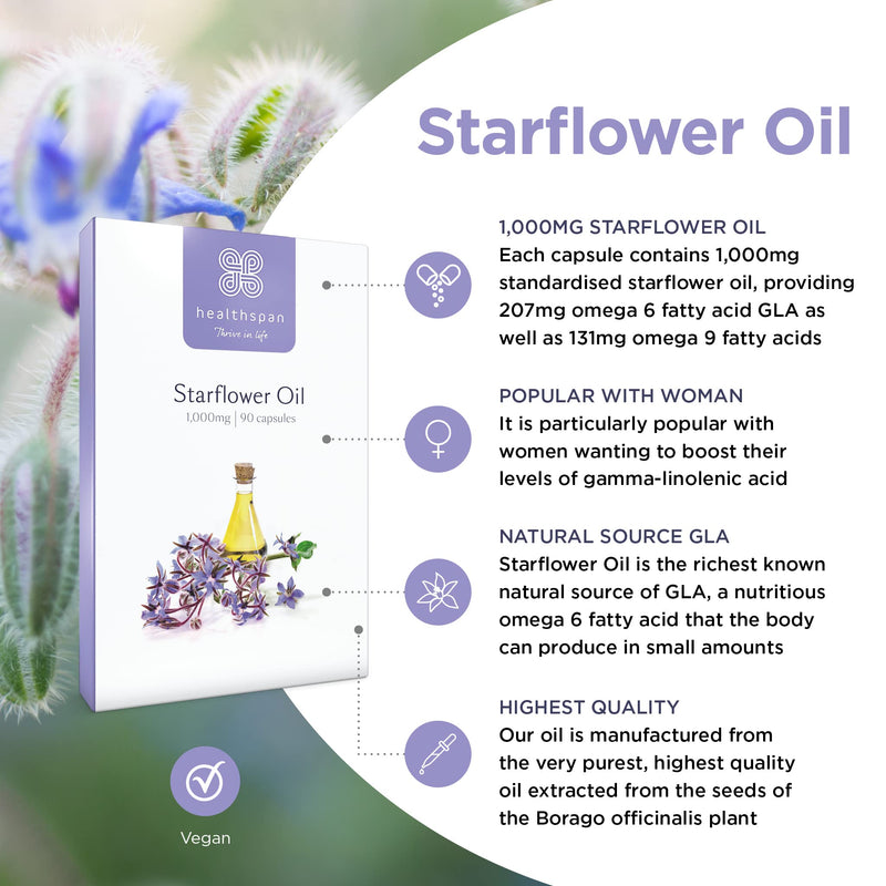 [Australia] - Starflower Oil 1,000mg (90 Capsules) | Healthspan | Richest Source of Gamma-Linolenic Acid (GLA) | Women's Health | 207mg GLA & 131mg Omega 9 Fatty Acids Per Capsule | Vegan 