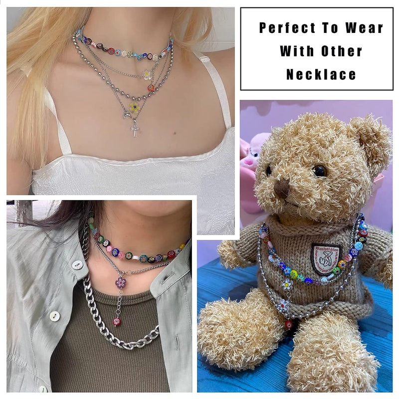 [Australia] - Y2k Necklace Layered Colorful Beaded Necklace Y2K Bead Choker Necklaces with Flower Pendant Indie Jewelry for Teen Girls Woman Necklace Set Coconut Girl Aesthetic Alt 2000s Necklaces Cyber Y2k Fashion 