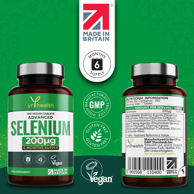 [Australia] - Selenium 200mcg Tablets - 180 Vegan Society Registered Pills, for Thyroid and Immune Health, Hair, Skin and Nails - 6 Month Supply Tablets Not Capsules - Made in The UK by YrHealth 