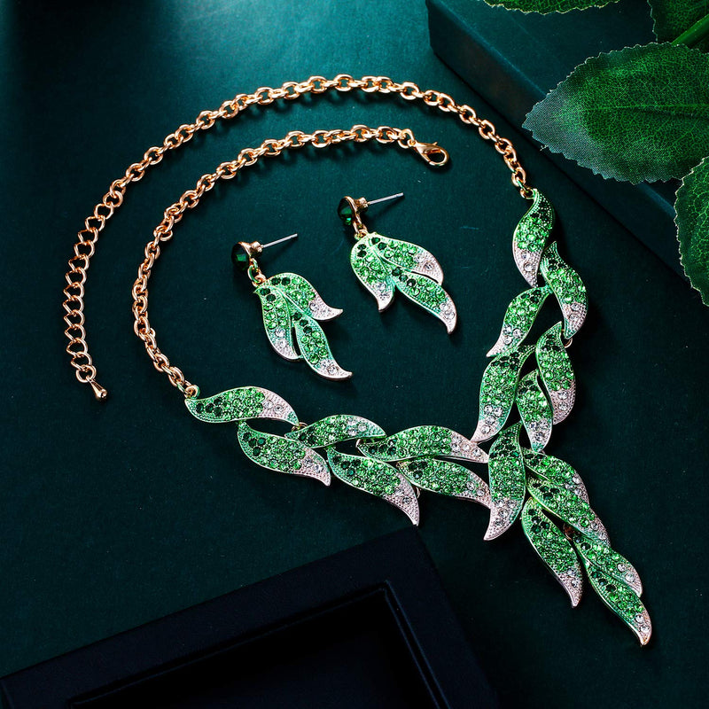 [Australia] - Flyonce Women's Austrian Crystal Wedding Bridal Floral Leaf Vine Necklace Earrings Set Green Gold-Tone 