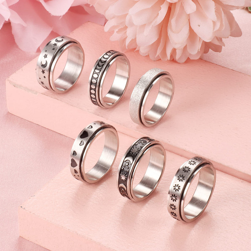 [Australia] - Thunaraz 6Pcs Stainless Steel Spinner Ring for Women Men Fidget Band Rings Moon Star Sand Blast Finish Ring Set Women Meditation Worry Rings for Stress Relieving Wedding Promise Fidget Rings Size 5-10 