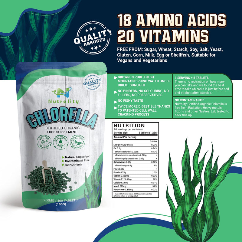 [Australia] - Nutrality Organic Contaminant-Free Chlorella Tablets from Taiwan, 250mg, 400 Count, 80 Days Supply, Natural Green Superfood and Immune Defense Booster Detoxifying Algae 