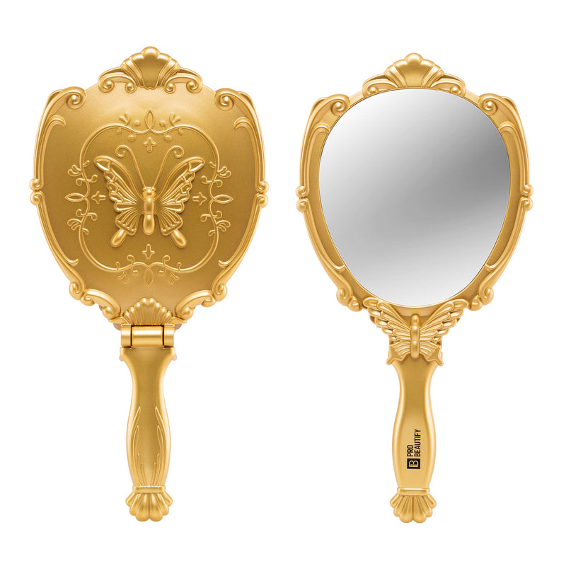 [Australia] - Probeautify Decorative Hand Held Mirror - Beautifully Butterfly Design Hand Mirrors with Handle - Lightweight Mirror - 180 Degrees Full Folding Portable Mirror - Travel Makeup Mirror (Gold) Gold 